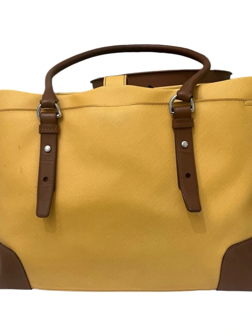 Tumi Yellow Tote with Tan Leather Pull and Silver Hardware